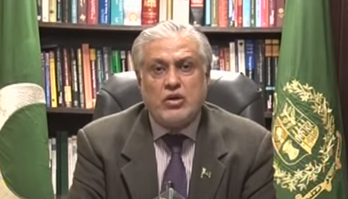 Finance Minister Ishaq Dar is addressing the media in this still taken from a video on July 12, Wednesday. — YouTube/GeoNews