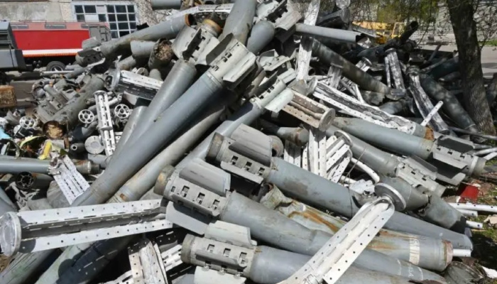 Remains of dozens of Smerch and Uragan cluster munition rockets collected by Ukraine’s State Emergency Service from Kharkiv. — AFP/File