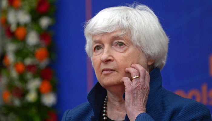 US Treasury Secretary Janet Yellen gestures while interacting with students and teachers at a school on the sidelines of a G20 finance ministers summit in Gandhinagar on July 16, 2023. — AFP