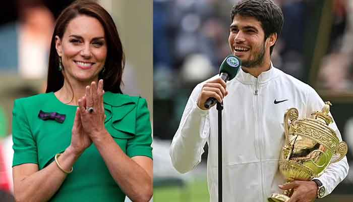 Kate Middleton looks delighted as she hands Carlos Alcaraz  Wimbledon trophy