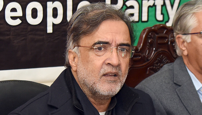 Adviser to the Prime Minister on Kashmir Affairs and Gilgit-Baltistan Qamar Zaman Kaira addressing a press conference in Islamabad, on January 28, 2023. — Online