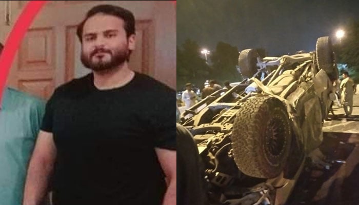 Tariq Fazal Chaudhrys son Anza Tariq (L) and a picture of his overturned car (R). —Twitter@Islamabadies