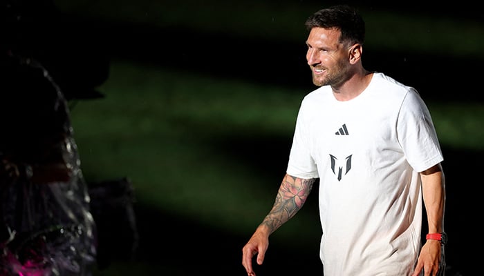 Lionel Messi looks on during Inter Miami CF Hosts The Unveil at DRV PNK Stadium on July 16, 2023 in Fort Lauderdale, Florida.