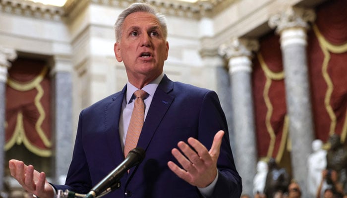 US House Speaker Kevin McCarthy (R-CA) speaks to the media during a briefing in National Statuary Hall at the Capitol on July 17, 2023, in Washington, DC. — AFP