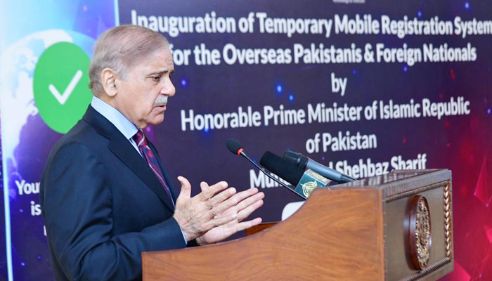 Prime Minister Shehbaz Sharif addresses the inauguration ceremony of Temporary Mobile Registration System for overseas Pakistanis and foreign national in Islamabad on July 18, 2023. — PID