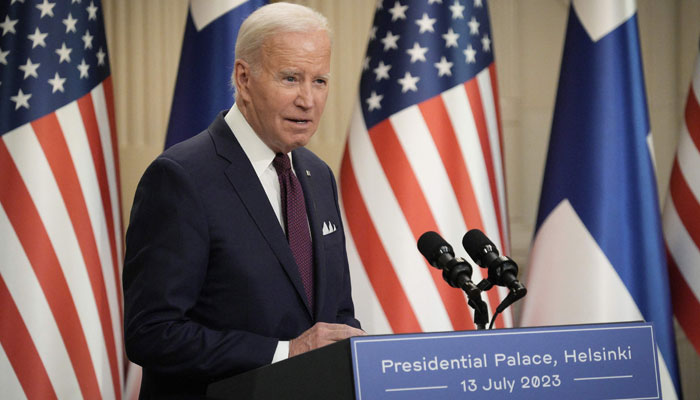 US President Joe Biden addresses a joint press conference with Finlands President after the US-Nordic leaders summit in Helsinki on July 13, 2023. — AFP