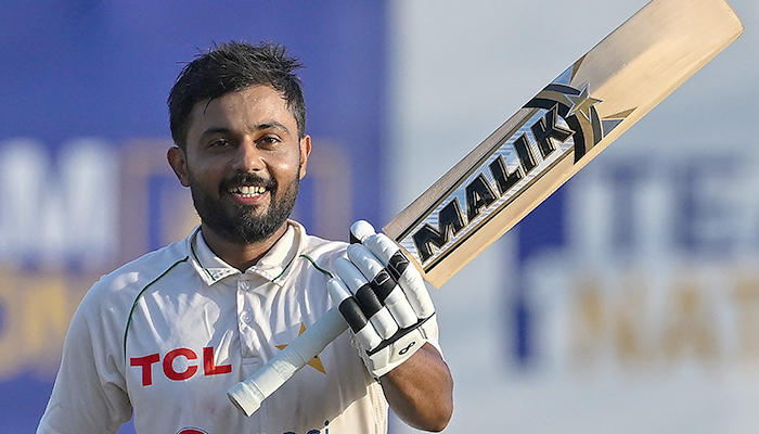 Pakistans Saud Shakeel celebrates after scoring double centuries (200 runs) during the third day of the first cricket Test match between Sri Lanka and Pakistan at the Galle International Cricket Stadium in Galle on July 18, 2023. — AFP