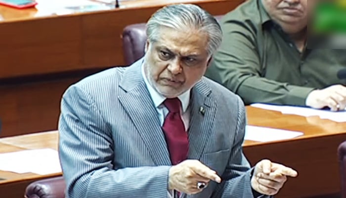 Maliye Bakanı Ishaq Dar, 21 Temmuz 2023'te İslamabad'daki Ulusal Meclis katında konuşma yapıyor, bu fotoğrafta bir videodan alınmış.  — YouTube/PTVNewsLive