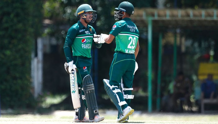 Pakistan players celebrate during the semi-finals of the ongoing ACC Emerging Asia Cup on Friday, July 21, 2023. — Twitter/@CricWick