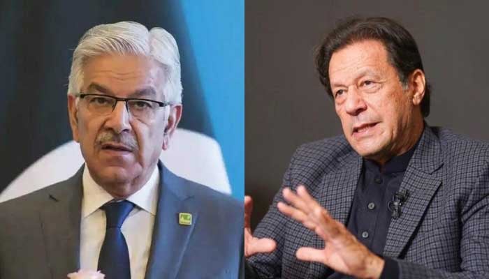 Defence Minister Khawaja Asif (Left) and Pakistan Tehreek-e-Insaf chief Imran Khan. — APP/Instagram/@imrankhan.pti