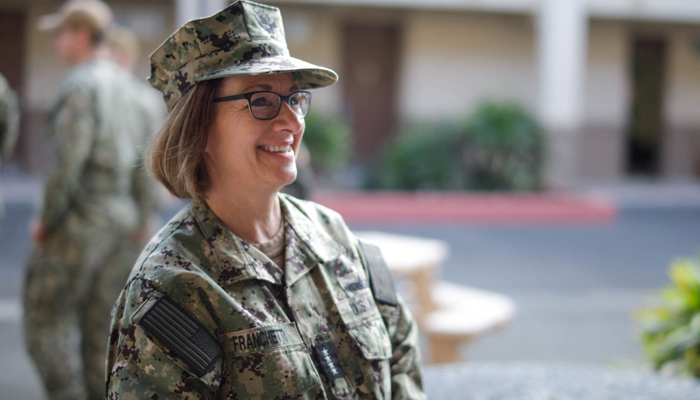 US Navy Admiral Lisa Franchetti, vice chief of Naval Operations, speaks with Naval Supply Detachment staff during a tour of Marine Corps Base Hawaii in Oahu on December 13, 2022. — AFP