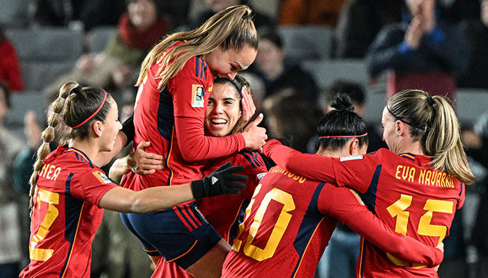 Spain´s forward #17 Alba Redondo (C) celebrates scoring her team´s fifth goal during the Australia and New Zealand 2023 Women´s World Cup Group C football match between Spain and Zambia at Eden Park in Auckland on July 26, 2023. —AFP