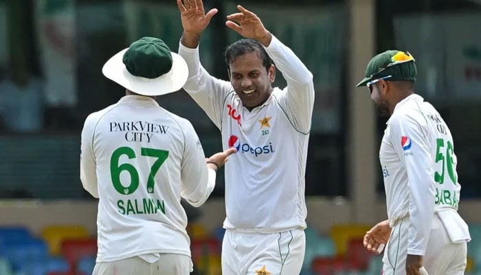 Noman Ali celebrating his wicket on day four of the second Test against Sri Lanka. — SLC