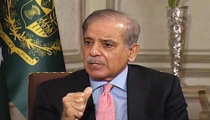 Prime Minister Shehbaz Sharif speaks during an interview on Geo News, in this still taken from a video aired on July 30, 2023. — Geo News