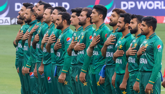 Pakistans players sing their national anthem before the start of the Asia Cup T20 international cricket final match between Pakistan and Sri Lanka at the Dubai International Cricket Stadium in Dubai on September 11, 2022. — AFP