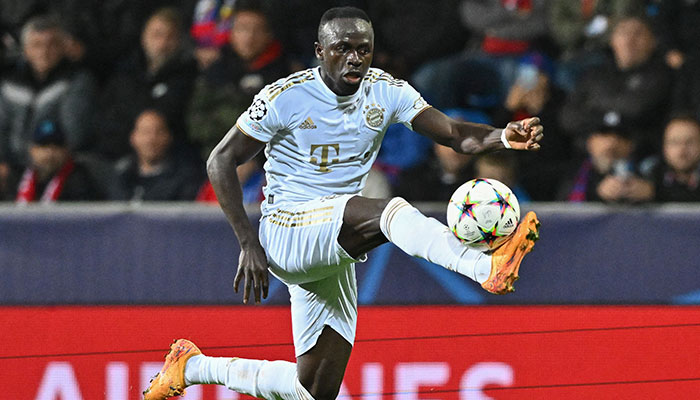 This file photo taken on October 12, 2022 shows Bayern Munich´s Senegalese forward Sadio Mane during the UEFA Champions League Group C football match between FC Viktoria Plzen and FC Bayern Munich in Plzen, Czech Republic.