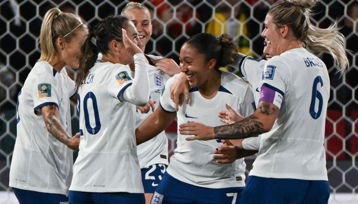 England´s forward #07 Lauren James (C) celebrates with her teammates after scoring her team´s third goal during the Australia and New Zealand 2023 Women´s World Cup Group D football match between China and England at Hindmarsh Stadium in Adelaide on August 1, 2023. —AFP