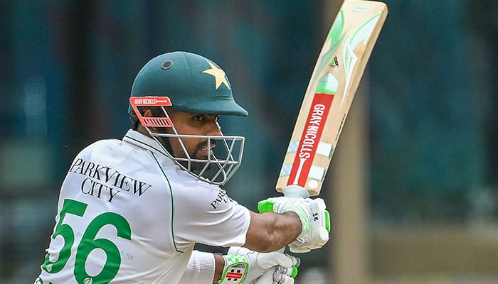 Pakistans Babar Azam plays a shot during the second day of the second and final cricket Test match between Pakistan and Sri Lanka at the Sinhalese Sports Club (SSC) Ground in Colombo on July 25, 2023 — AFP