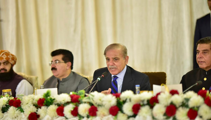 Prime Minister Shehbaz Sharif addressing the farewell dinner for parliamentarians on August 3, 2023. — PMO