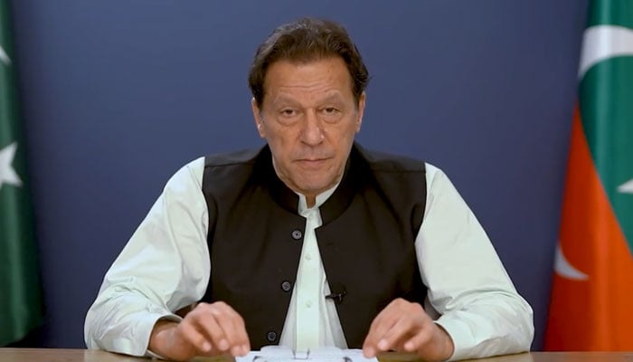 Pakistan Tehreek-e-Insaf (PTI) Chairman Imran Khan speaking during a pre-recorded statement. — Twitter/@PTIofficial