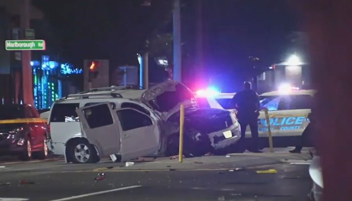 Police officers can be seen investigating the site after two crashes reported from Nassau County on August 7, 2023. — YouTube/Eyewitness News ABC7