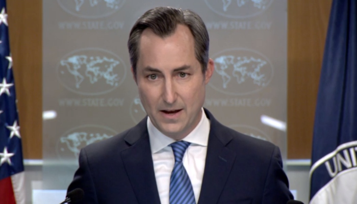 State Department spokesperson Matthew Miller addressing a press briefing in Washington, on August 8, 2023, in this still taken from a video. — State Department