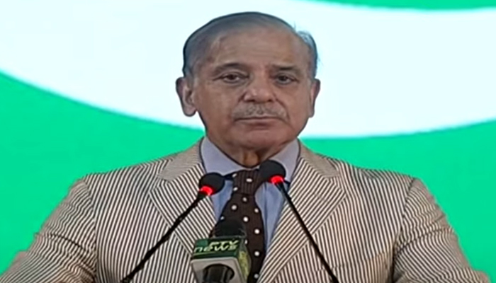 Prime Minister Shehbaz is addressing a ceremony in Islamabad in this still taken from a video on August 8, 2023. — YouTube/GeoNews