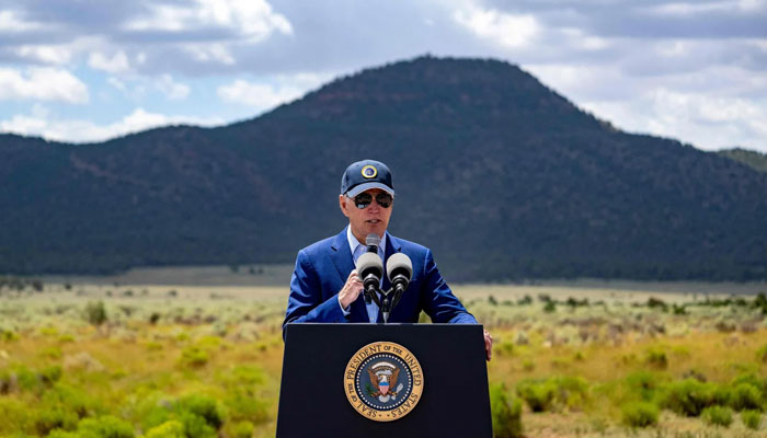 President Joe Biden discusses investments in conservation and protecting natural resources, and how the Inflation Reduction Act is the largest investment in climate action, at Red Butte Airfield, 25 miles (40 km) south of Tusayan, Arizona, on August 8, 2023.—AFP