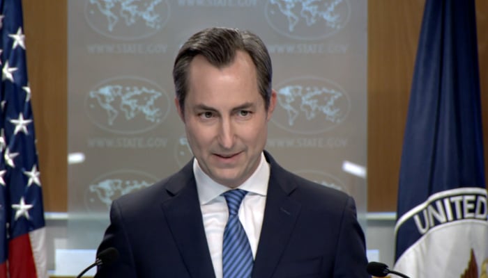 State Department spokesperson Matthew Miller addressing a press briefing in Washington, on August 8, 2023, in this still taken from a video. — State Department