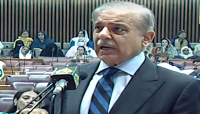 Prime Minister Shehbaz Sharif addresses the farewell session of the Nationa Assembly in this still taken from a video on August 9, 2023. — YouTube/PTV