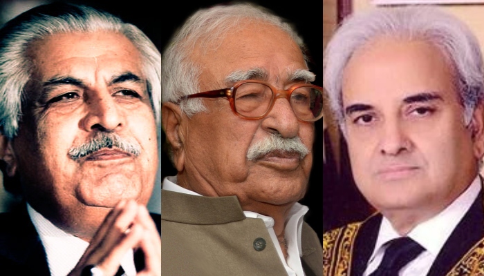 A collage of former caretaker prime ministers Ghulam Mustafa Jatoi (left), Mir Hazar Khan Khoso (centre) and Justice Nasir-ul-Mulk (right). — Facebook/AFP/SC website