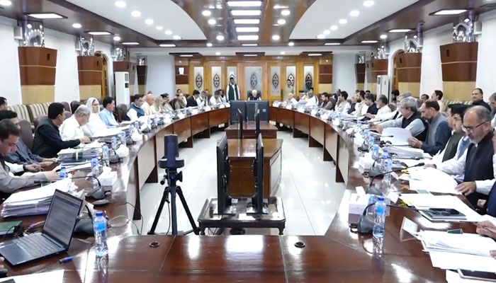 Caretaker Chief Minister Azam Khan chairing a meeting of the interim cabinet. — Screengrab/Twitter/@KPChiefMinister