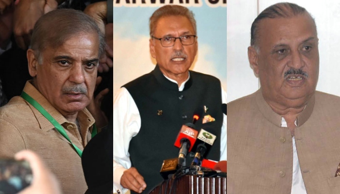 (L to R) Prime Minister Shehbaz Sharif, President Arif Alvi and Leader of the Opposition in the outgoing National Assembly Raja Riaz. — AFP/PPI/Online/Files