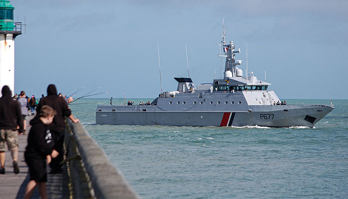 A P677 Cormoran Flamant-class patrol vessel of the French Navy sails on Calais´ harbour, northern France, during a rescue operation mobilizing French and British resources on August 12, 2023. — AFP