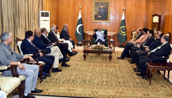 President Dr Arif Alvi while speaking to a delegation of representatives of PFUJ, APNS, CPNE, and AEMEND on August 15, 2023. — Provided