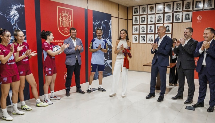 An image of Queen Letizia of Spain visiting the Spanish womens football team in June 2023 ahead of their journey to Australia for the FIFA Womens World Cup — The Royal Spanish Football Federation/Files