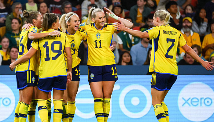 Sweden players celebrate scoring their second goal during the Australia and New Zealand 2023 Women´s World Cup third-place play-off football match between Sweden and Australia at Brisbane Stadium in Brisbane on August 19, 2023.—AFP