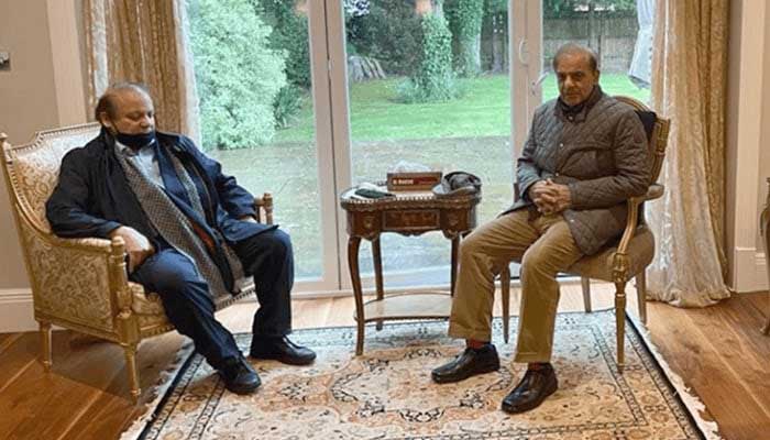 Former prime minister Shehbaz Sharif meets PML-N supremo Nawaz Sharif in London in this May 2022 photo. — X/@Maryam Nawaz Sharif