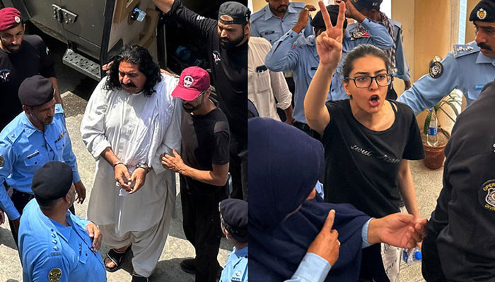 In this combination of photos, police officials can be seen taking PTM leader Ali Wazir (left) and human rights lawyer Imaan Mazari to a local court in Islamabad on August 20. — AFP