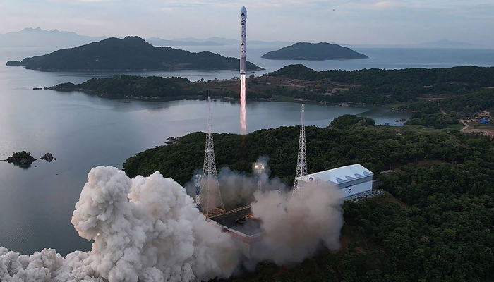 This photo taken on June 1, 2023, shows the launch of the Norths new Chollima-1 rocket carrying a military reconnaissance satellite, the Malligyong-1, from Tongchang-ri on the Norths west coast. — KCNA