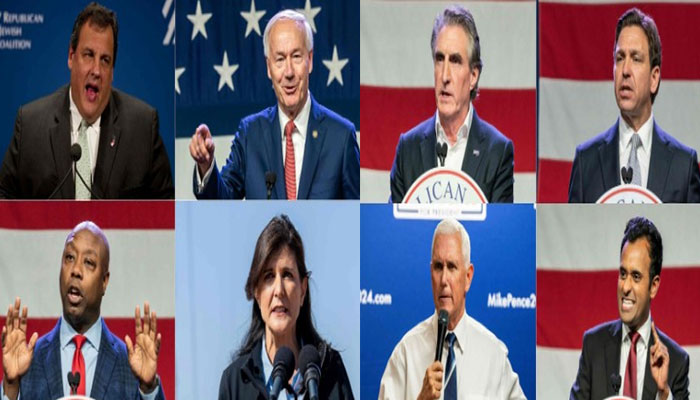 A combination of file pictures shows Chris Christie (Top-Left), Asa Hutchinson, Doug Burgum, Ron DeSantis, Tim Scott, Nikki Haley, Mike Pence, Vivek Ramaswamy. — AFP/File