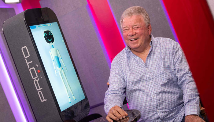 Canadian actor William Shatner talks to AI, in Van Nuys, California, on August 1, 2023. More than half a century after he materialised on far-flung planets as Captain James T. Kirk of the Starship Enterprise, William Shatner has beamed into a distant land in a demonstration of hologram technology. —AFP