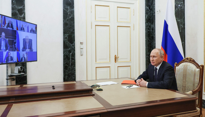 This photograph shows President Vladimir Putin chairing a meeting with Security Council permanent members via video link in Moscow, on August 25, 2023. — AFP