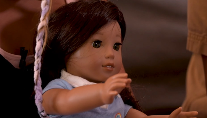 Valentina Dominguezs doll Beatrice can be seen in this screengrab after returning from Tokyo to Texas by American Airlines James Danen on August 21, 2023. — YouTube/KCEN News