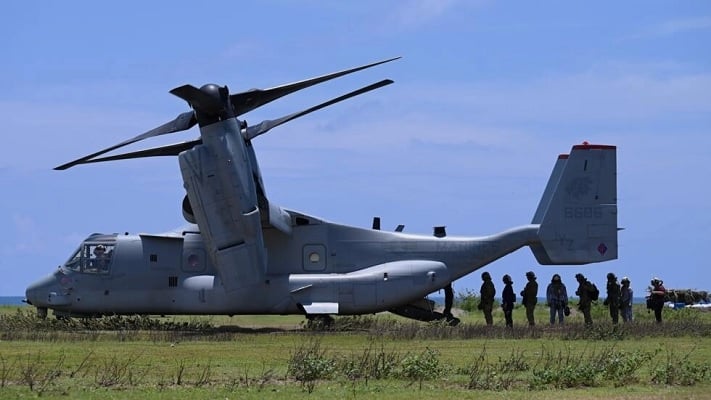 An Osprey aircraft like the one pictured crashed on a remote island off Australias coast during a drill on Sunday. — AFP/File