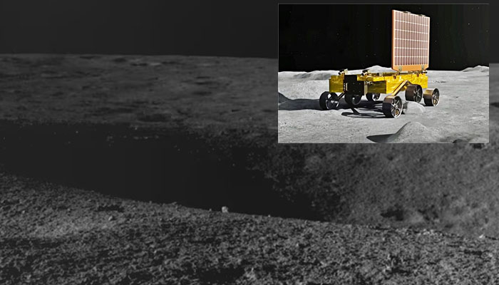 Moon crator image captured by Chandrayaan-3s Pragyan rover. — Isro