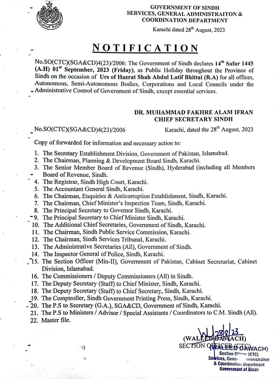 Sindh govt notifies September 1 as public holiday