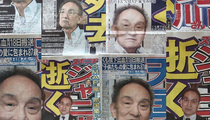 Newspaper clippings showing late Johnny Kitagawa, who sexually abused hundreds of boys. — AFP