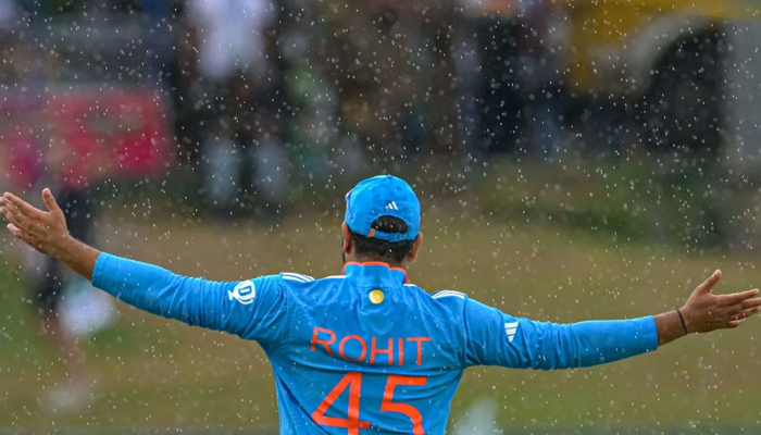 Indian Skipper Rohit Sharma gestures in frustration after rain set in to disrupt the India-Pakistan clash during the Asia Cup 2023 Group stage on September 04, 2023. — AFP