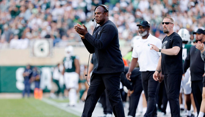 Head coach Mel Tucker of the Michigan State Spartans reacts after a touchdown in the third quarter of a game against the Richmond Spiders at Spartan Stadium on September 9, 2023, in East Lansing, Michigan. —AFP